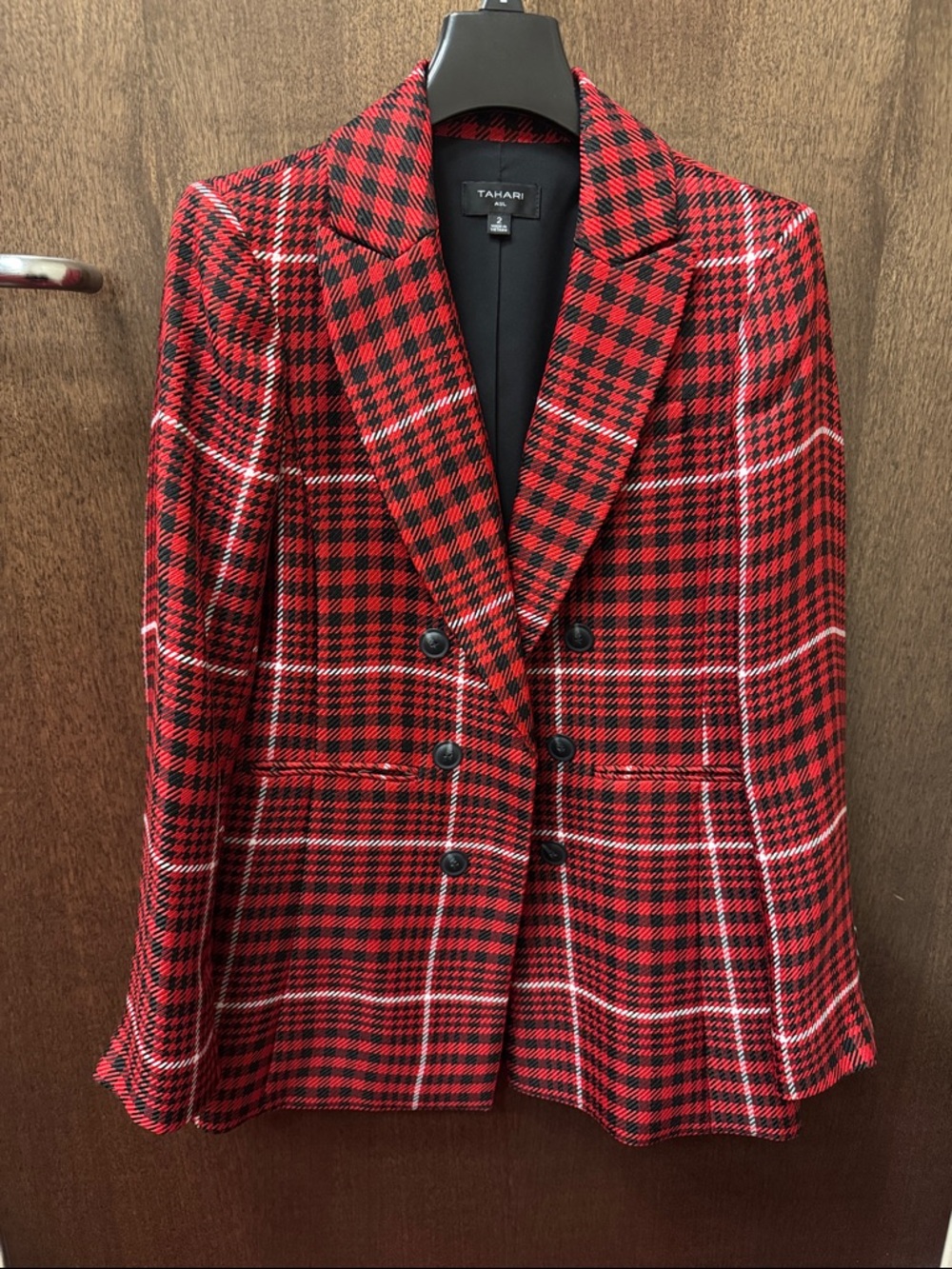Tahari ASL Red and Black Plaid Blazer - Size 2